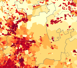 Population density in and around Pretoria <1 /km² 1–3 /km² 3–10 /km² 10–30 /km² 30–100 /km² 100–300 /km² 300–1000 /km² 1000–3000 /km² >3000 /km²