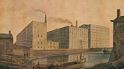A watercolour of mills with smoking chimneys painted from the opposite side of a river. There is a wooden dock on the left hand side with a small wooden boat by the dock, floating perpendicular to the river.