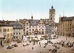 The 'Schlossplatz', a market square in front of the Ducal Palace around 1900: one of the few areas to survive in similar style after World War II
