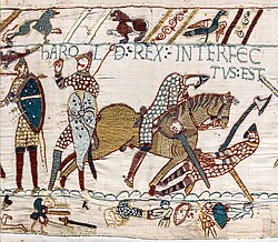 A Norman knight slaying Harold Godwinson (Bayeux Tapestry, c. 1070). The rank of knight developed in the 12th century from the mounted warriors of the 10th and 11th centuries.