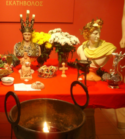 Modern Neopagan Hellenist altar dedicated to Athena and Apollo