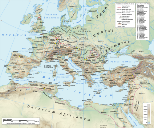 The Roman Empire under Hadrian (r. 117–138), showing the legions deployed in its senatorial provinces