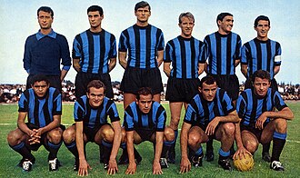 La "Grande Inter" in 1964–1965 season standing from left to right: Sarti, Guarneri, Facchetti, Tagnin, Burgnich, Picchi (c). Front row from left to right: Jair, Mazzola, Suárez, Corso, Milani.