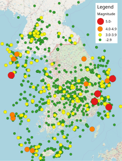 Earthquake epicenter map in South Korea from Jan 2000 (M2.0 or higher).