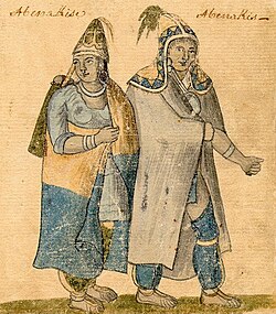 Watercolor of Abenaki couple, 1700s