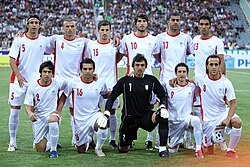 Iran's squad in July 2011 against Maldives. Manager: Carlos Queiroz. Standing left to right: Aghili, Hosseini, Haddadifar, Ansarifard, Zare, Pooladi; sitting left to right: Heydari, Norouzi, Rahmati, Khalatbari, Karimi.