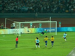 Juan Román Riquelme scores Argentina's third and final goal against Brazil in Beijing 2008, following Sergio Agüero's brace.