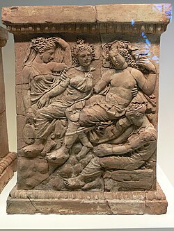 Altar from the Greek city of Taras in Magna Graecia, dating to c. 400 – c. 375 BCE, depicting Aphrodite and Adonis, whose myth is derived from the Mesopotamian myth of Inanna and Dumuzid[360][361]