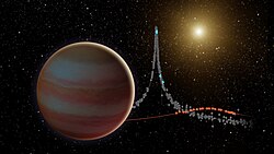 An illustration of a brown dwarf combined with a graph of light curves from OGLE-2015-BLG-1319: Ground-based data (grey), Swift (blue), and Spitzer (red).