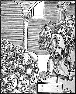 Christ Drives the Usurers Out of the Temple, a woodcut by Lucas Cranach the Elder in Passionary of Christ and Antichrist[38]