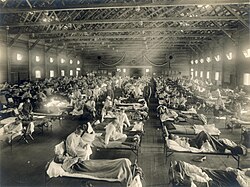 Emergency military hospital during the Spanish flu pandemic in Camp Funston, Kansas, 1918