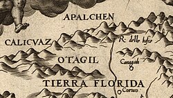 Diego Gutiérrez's 1562 map of the Western Hemisphere showing the first known use of a variation of the place name Appalachia ("Apalchen") from his map, Americae Sive Quartae Orbis Partis Nova Et Exactissima Descriptio