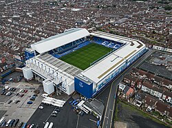 Aerial image of Goodison Park. The stadium was used by Everton from 1892 until 2025.
