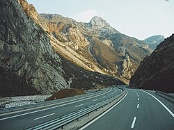 Rruga e Kombit connects the Adriatic Sea across the Western Lowlands with the Albanian Alps.