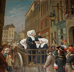Nuns in a cart taking them to the guillotine in Cambrai during the Reign of Terror on 26 June 1794