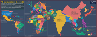 Cartogram by Max Roser showing the distribution of the global population. Each of the 15,266 pixels represents the home country of 500,000 people.