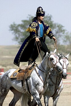 A Kazakhstani performer demonstrates the long equestrian heritage as part of the gala concert during the opening ceremonies of the Central Asian Peacekeeping Battalion.