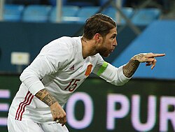 Ramos celebrates after scoring a goal against Russia in a friendly in Saint Petersburg.