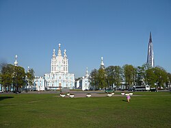 A collage showing how the controversial Okhta Center skyscraper would look beside the historic Smolny Cathedral by Bartolomeo Rastrelli.