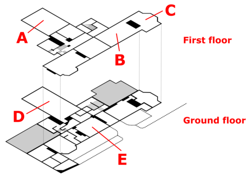 Simplified plan of the house; A – Lady Churchill's bedroom; B – Study; C – Churchill's bedroom; D – Drawing Room; E – Library