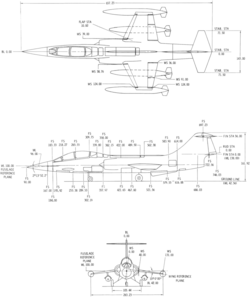 3-view line drawing of the Lockheed F-104B Starfighter.