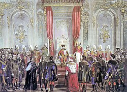 Opening of the Hungarian Diet (Országgyűlés) with the members of hungarian nobility in the Royal Palace, 1865.
