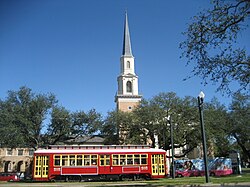 Streetcar passing First Grace Methodist Church on Canal Street in Mid-City New Orleans, 2009