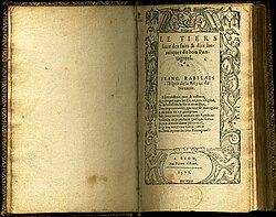 Titlepage of a 1571 edition containing the last three books of Pantagruel: Le Tiers Livre des Faits & Dits Heroïques du Bon Pantagruel (The Third Book of the True and Reputed Heroic Deeds of the Noble Pantagruel)