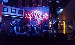 Nicotine playing at the Hard Rock Cafe, in Hyderabad, India in 2016. The band is widely known for being the pioneers of Metal Music in Central India.