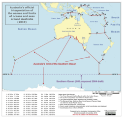 A map of Australia's official interpretation of the names and limits of oceans and seas around Australia