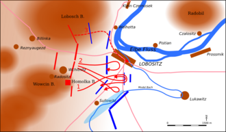 Battle of Lobositz. Austria: blue; Prussia: red