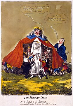 "The modern Circe or a sequel to the petticoat", caricature of Frederick's lover, Mary Anne Clarke by Isaac Cruikshank, 15 March 1809. The prince resigned as head of the British army ten days after the caricature's publication.