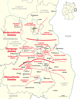 Distribution and main speaking-centers of Obersorbisch (Upper Sorbian) and Niedersorbisch (Lower Sorbian).