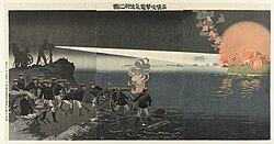 Japanese attack on Pyongyang, Korea. Colour woodcut shows the Japanese army using a searchlight to locate its target.