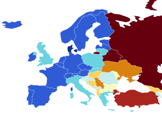 Democracy in Europe according to 2026 V-Dem Electoral Democracy Index with dark blue more democratic and dark red less democratic[256]