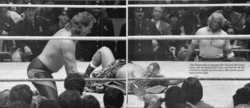 Jake Roberts (left) puts his snake, Damien, on top of Ricky Steamboat (right), circa 1986