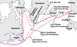 Various sailing routes to Greenland, Vinland (Newfoundland), Helluland (Baffin Island), and Markland (Labrador) travelled by the Icelandic Sagas, including in the Saga of Erik the Red and Saga of the Greenlanders