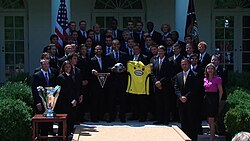 U.S. President Barack Obama welcomes the 2008 MLS Cup Champions the Columbus Crew to the White House on July 13, 2009