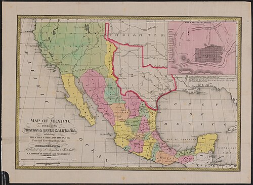 Map of Mexico. S. Augustus Mitchell, Philadelphia, 1847. New California is depicted with a northeastern border at the meridian leading north of the Rio Grande headwaters.