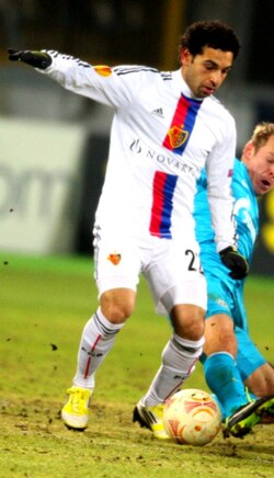 Salah playing for Basel away at Zenit Saint Petersburg in the UEFA Europa League in March 2013