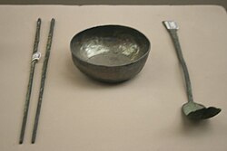 Silver chopsticks, spoon, and bowl from the Song dynasty (960–1279)
