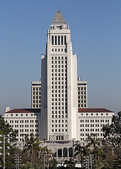 Los Angeles City Hall, built in 1928, houses the mayor of Los Angeles and the Los Angeles City Council.
