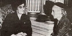 Golda Meir talks with Evita Perón on Meir's visit to Argentina, 1951.