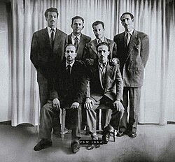 The six historical Leaders of the FLN: Rabah Bitat, Mostefa Ben Boulaïd, Mourad Didouche, Mohammed Boudiaf, Krim Belkacem and Larbi Ben M'Hidi.
