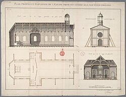 1724 plan for Saint Louis Parish Church, New Orleans, Louisiana, by Adrien de Pauger