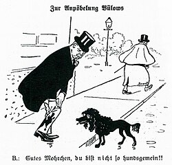Cartoon satirising Bülow on 27 October 1907 in Kladderadatsch, "On the maligning of Bülow", "Good Mohrchen, you would never be such a bad dog!"