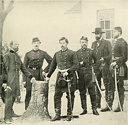 General George B. McClellan with staff and dignitaries, including from left to right: Gen. George W. Morell, Lt. Col. A.V. Colburn, Gen. McClellan, Lt. Col. N.B. Sweitzer, Prince de Joinville (son of King Louis Philippe of France), and the prince's nephew, Count de Paris (on far right)