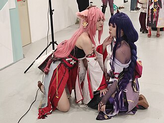 Yuri cosplay of Raiden Ei and Yae Miko from Genshin Impact at 2nd Nanjing Shuijing Guochao Games Carnival, 2023