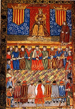 Ferdinand II of Aragon on his throne flanked by two shields with the emblem of the Royal Seal of Aragon. Frontispiece of a 1495 edition of Catalan constitutions.[18]