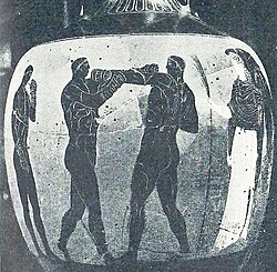 A boxing scene depicted on a Panathenaic amphora in Ancient Greece, c. 336 BC, now housed at the British Museum